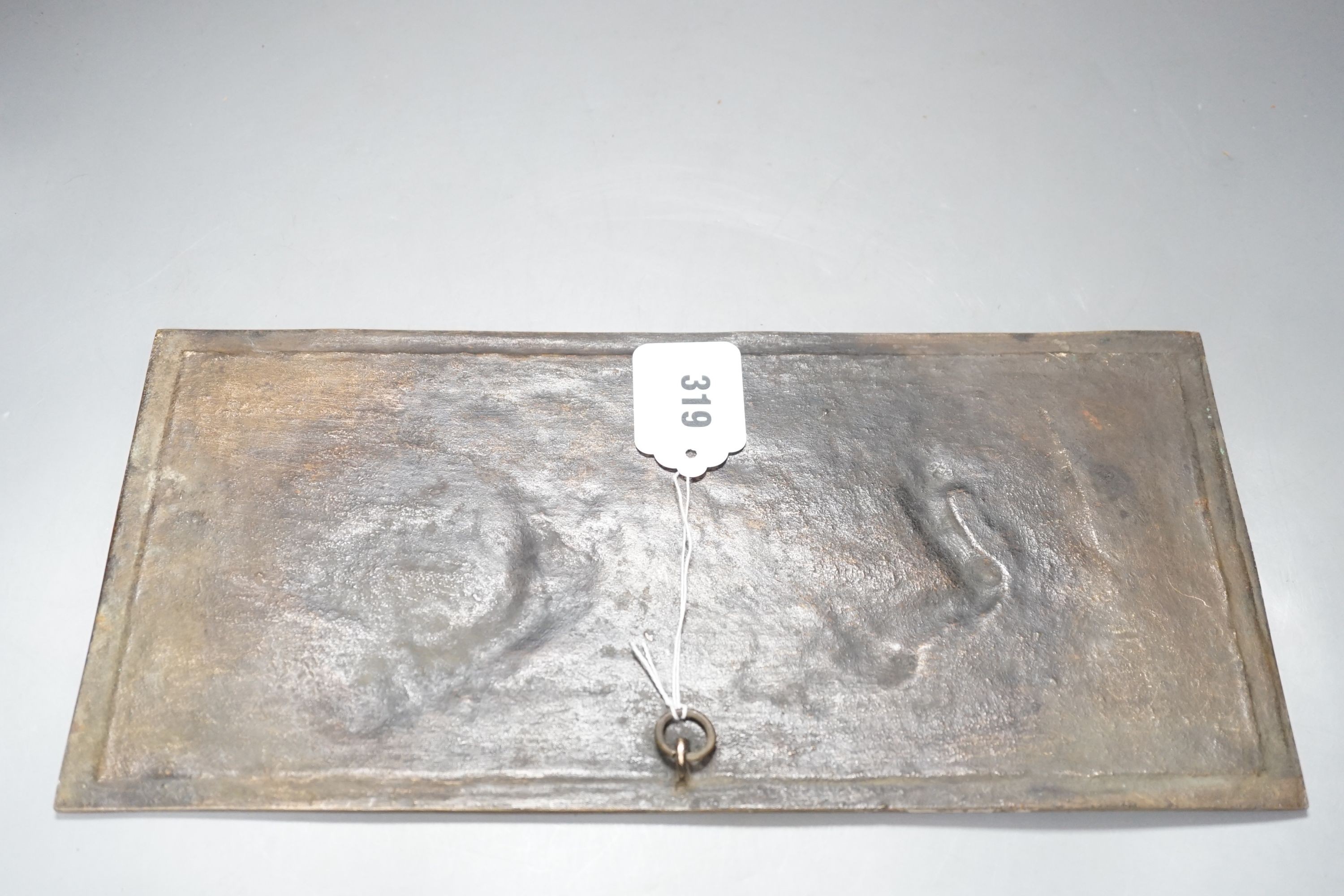 A signed M Jampolsky, Art Nouveau rectangular figural bronze plaque, 36.5 cms wide x 8 cms high.